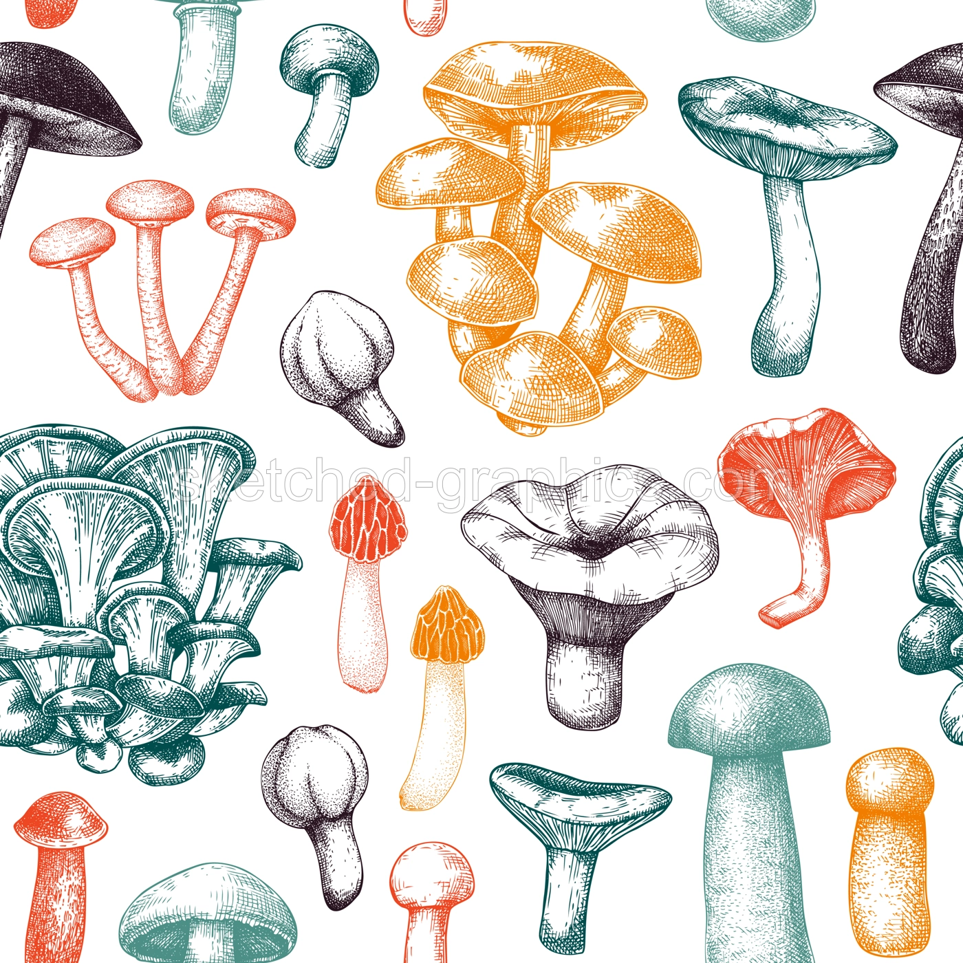 Edible mushrooms background. Healthy food seamless pattern. Forest mushroom sketch. Hand-drawn vector illustration. NOT AI generated Illustration